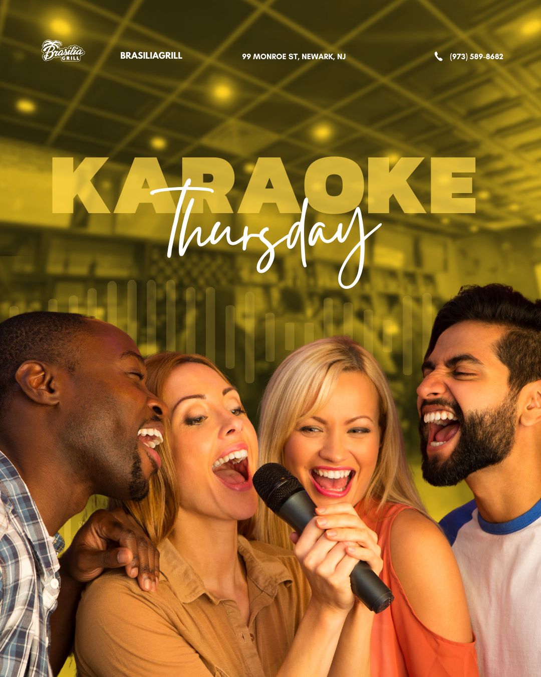 Friends laughing and singing into a microphone at a party